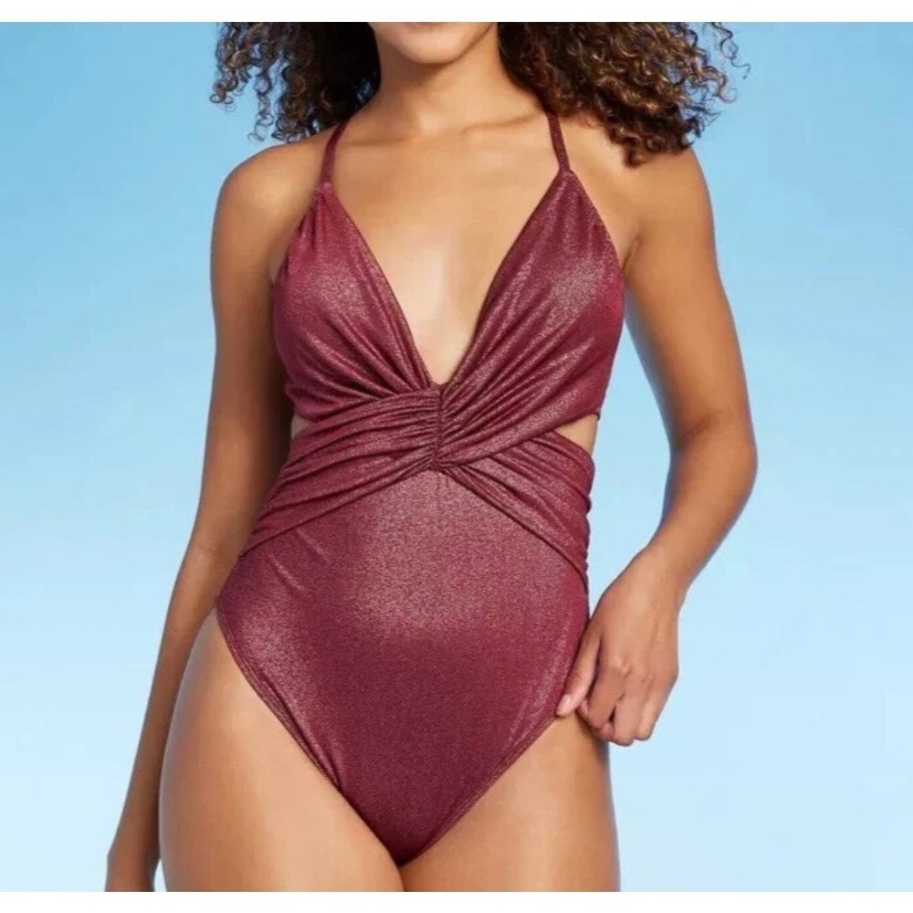 Shade & Shore Metallic Burgundy Twist Front Cut Out One Monokini Swimsuit XS 0-2